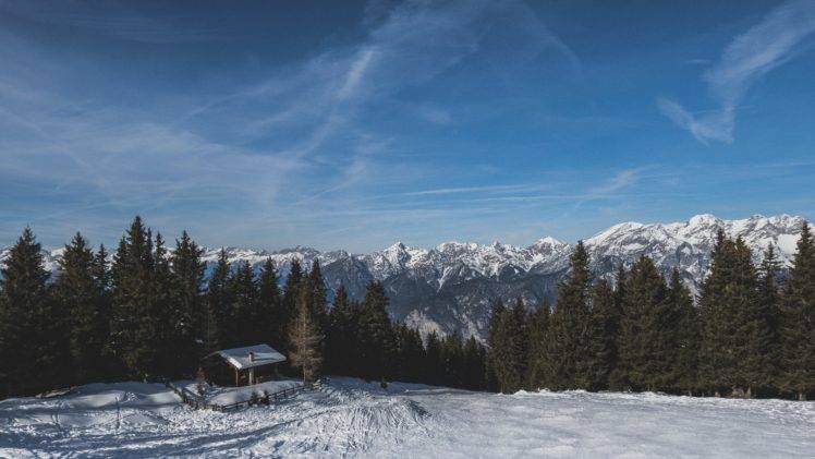 nature, Snow, Trees, House, Landscape, Hut, Mountains, Winter, Sky HD Wallpaper Desktop Background