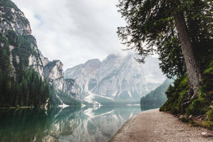 nature, Snow, Trees, Water, Lake Pragser, Italy, Lake, South tyrol HD Wallpaper Desktop Background