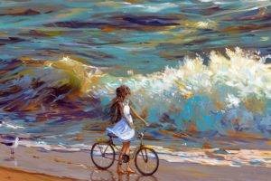 Alexander Komarov, Artwork, Illustration, Sea, Bicycle, Waves