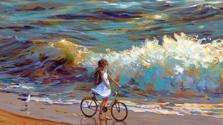 Alexander Komarov, Artwork, Illustration, Sea, Bicycle, Waves HD Wallpaper Desktop Background