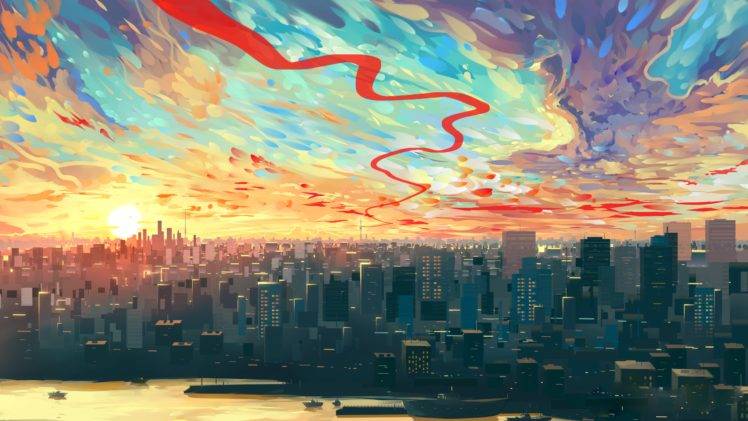 Alexander Komarov, Artwork, Illustration, Sunset, Cityscape HD Wallpaper Desktop Background