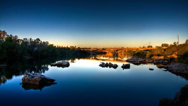 nature, River, Bridge, Reflection, Water, Rock HD Wallpaper Desktop Background