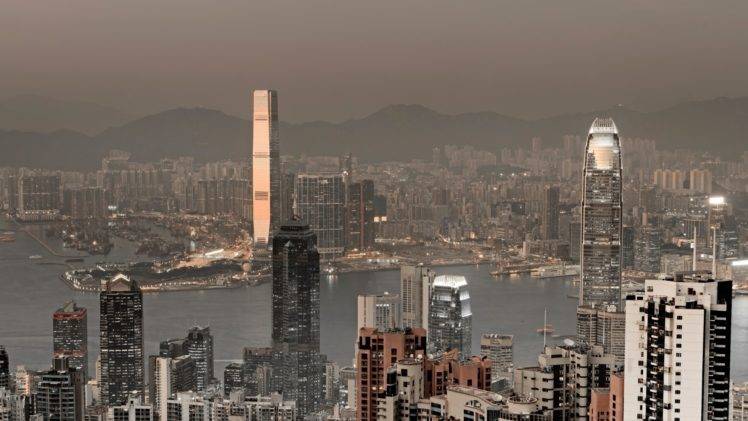architecture, Building, Skyscraper, Cityscape, Hong Kong, Sea, Bay, Ports, Hills, Lights, Asia, Ship HD Wallpaper Desktop Background