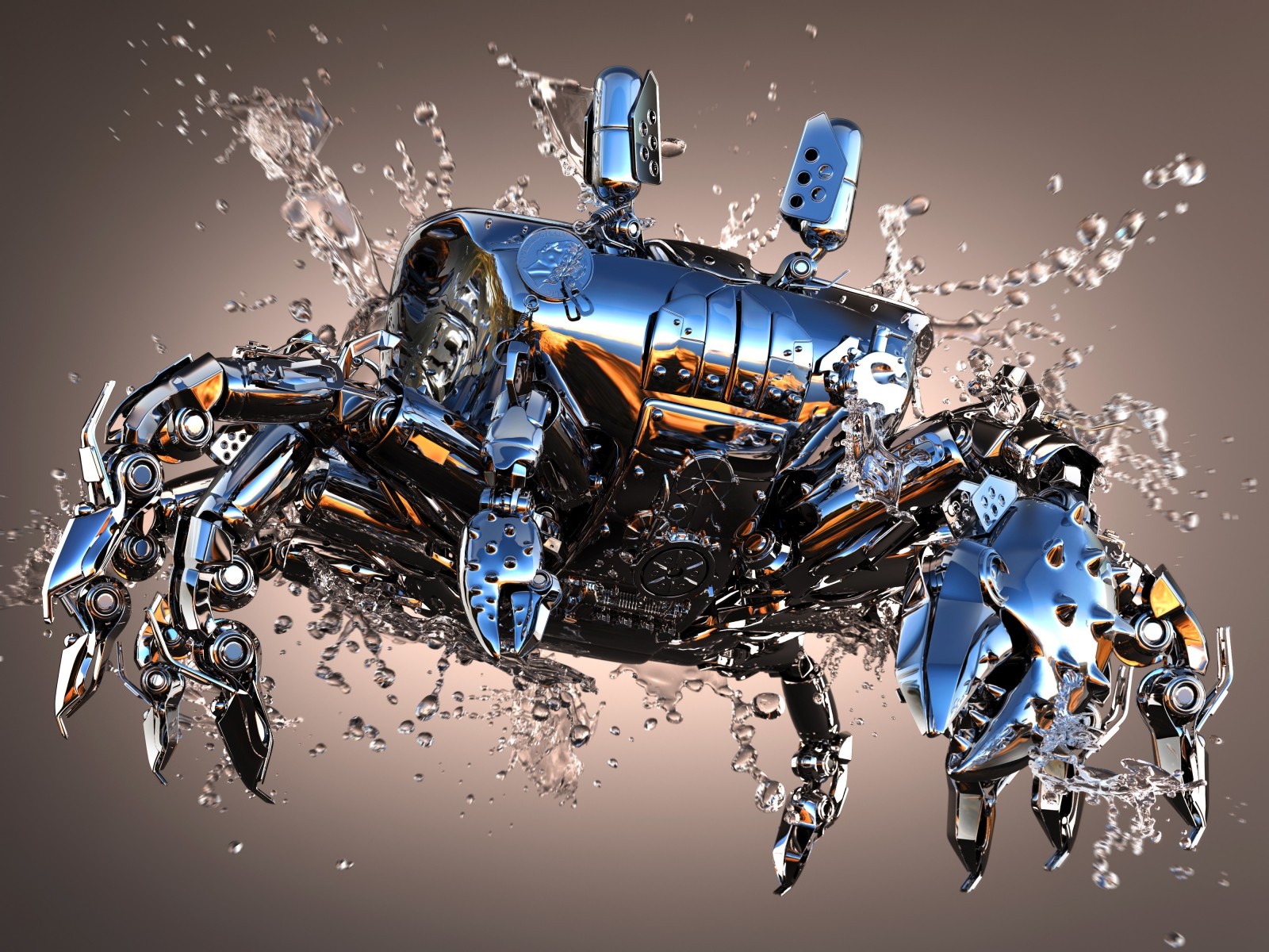 digital art, Animals, CGI, Render, Splashes, Metal, Water drops, Simple background, Crabs, Reflection, Claws Wallpaper