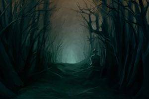 creepy, Nature, Trees, Forest, Branch, Digital art, Grave, Dirt road, Mist, Dark, Cross, Painting