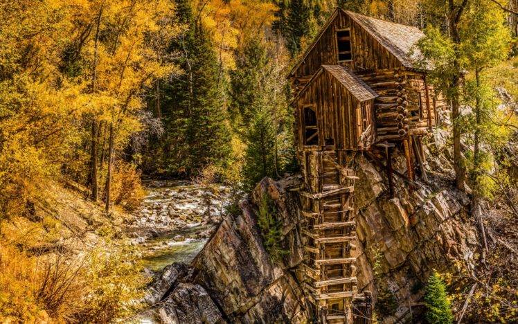 nature Trees Fall Landscape  Ladders Hut Wallpapers HD 