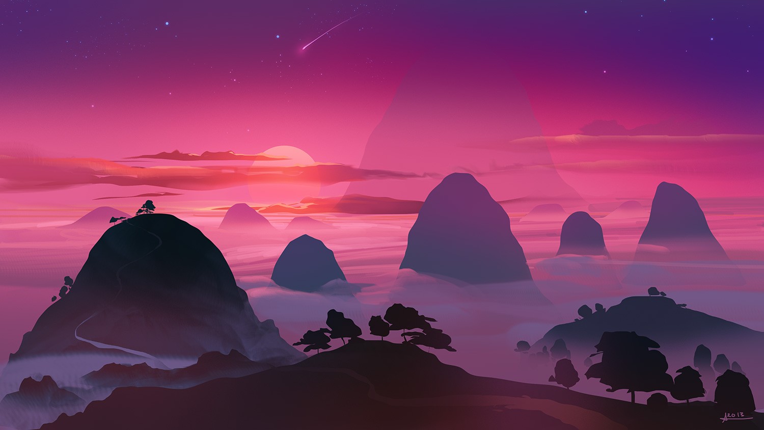 artwork, Illustration, Mountains, Sunset, Sky, Stars Wallpaper