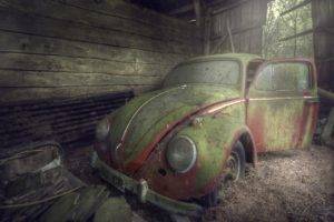 abandoned, Barn, Volkswagen Beetle, Wreck