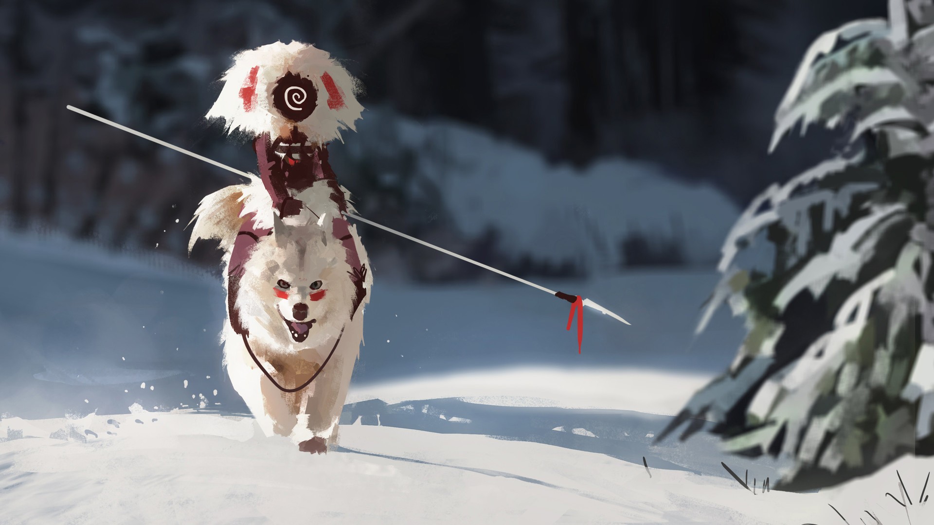 snow, Digital art, Spear, Wolf, Princess Mononoke Wallpaper