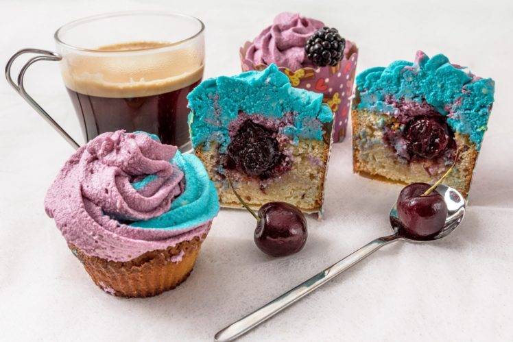 cake, Coffee, Cherries, Spoon, Food, Cupcakes HD Wallpaper Desktop Background