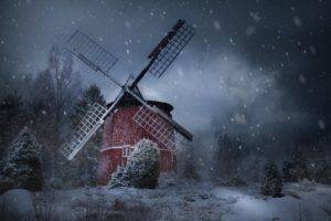 photography, Nature, Landscape, Winter, Windmill, Snow, Trees, Shrubs, Cold