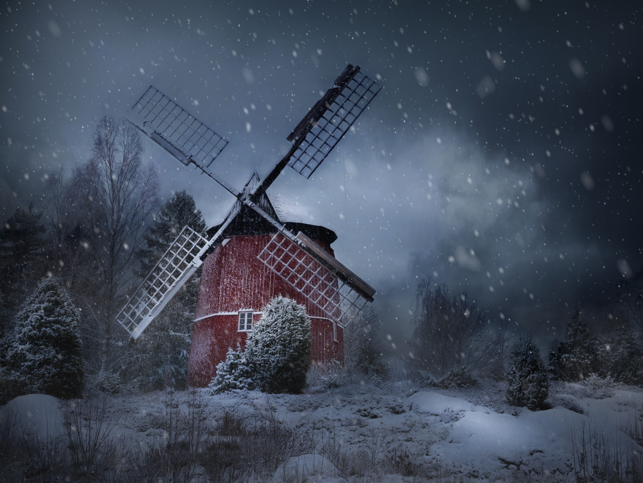 photography, Nature, Landscape, Winter, Windmill, Snow, Trees, Shrubs, Cold Wallpaper
