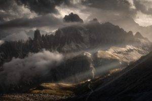 photography, Nature, Landscape, Mountains, Clouds, Summer, Storm, Dirt road, Sun rays, Dolomites (mountains), Italy