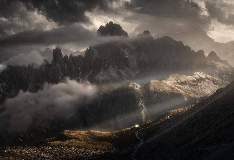 photography, Nature, Landscape, Mountains, Clouds, Summer, Storm, Dirt road, Sun rays, Dolomites (mountains), Italy HD Wallpaper Desktop Background