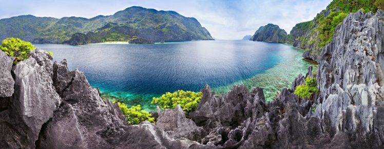 photography, Nature, Landscape, Panorama, Hills, Island, Sea, Lagoon, Beach, Tropical, Philippines HD Wallpaper Desktop Background