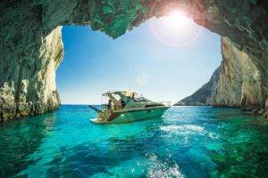 photography, Nature, Landscape, Yachts, Cave, Sea, Turquoise, Water, Rocks, Erosion, Zakynthos, Greece