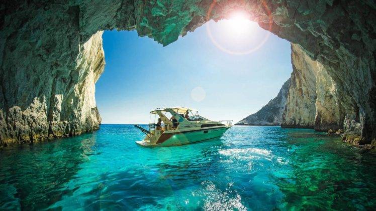 photography, Nature, Landscape, Yachts, Cave, Sea, Turquoise, Water, Rocks, Erosion, Zakynthos, Greece HD Wallpaper Desktop Background