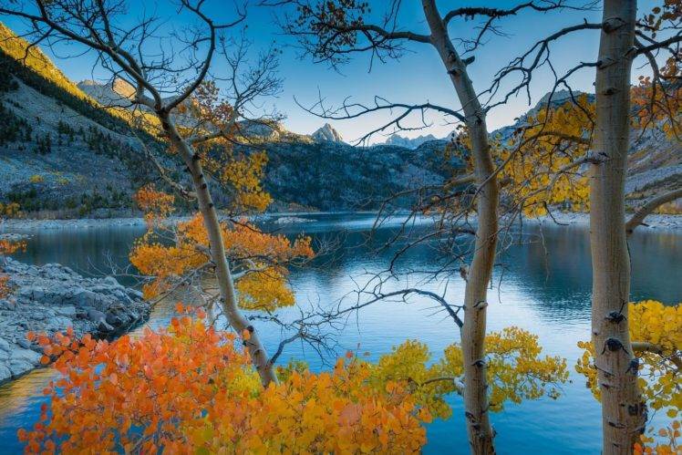photography, Nature, Landscape, Lake, Mountains, Trees, Fall, Morning, Sunlight, Calm waters, California HD Wallpaper Desktop Background