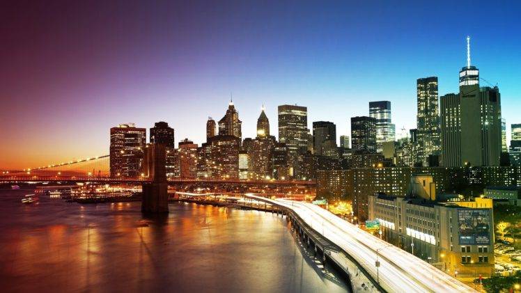 New York City, City, Cityscape, Sunset, Bridge, Brooklyn Bridge, Building, Skyscraper, Sea HD Wallpaper Desktop Background
