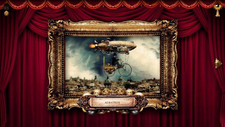 men, Steampunk, Gears, Metal, Zeppelin, Bicycle, Curtain, Picture frames, Cityscape, Florence, Flying HD Wallpaper Desktop Background