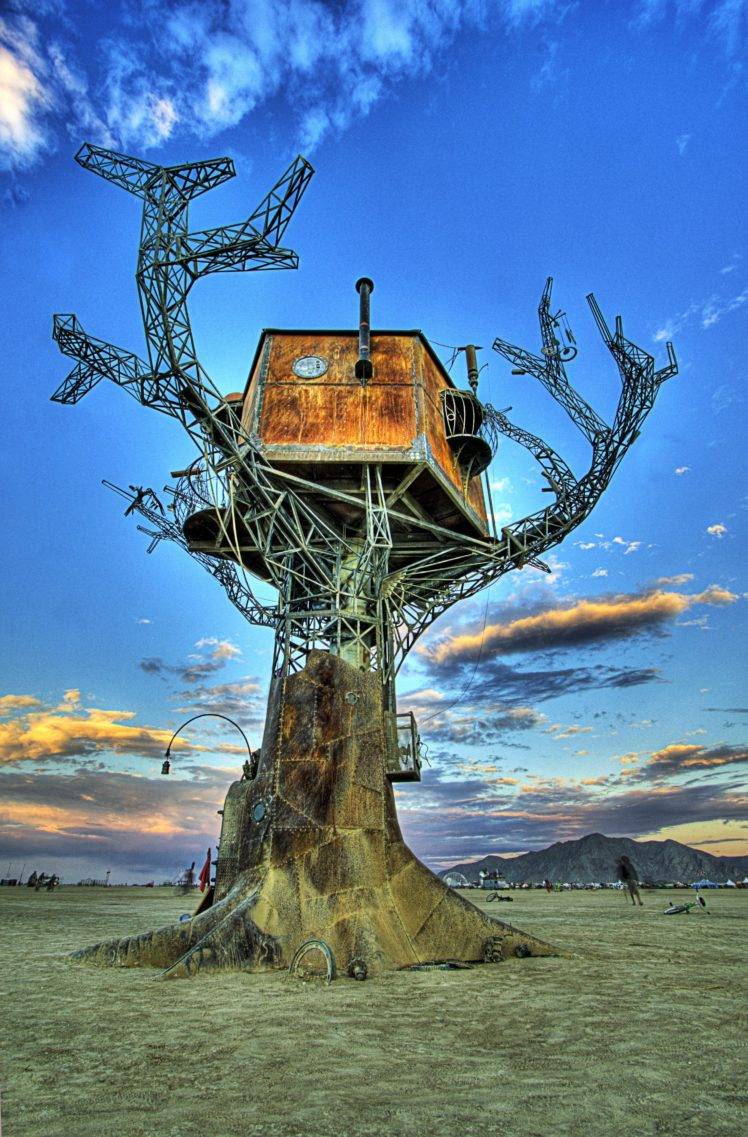 steampunk, Metal, Burning Man, Desert, Portrait display, Festivals, House, Trees, Clouds, Rust, Construction, Mountains, Nature, HDR HD Wallpaper Desktop Background