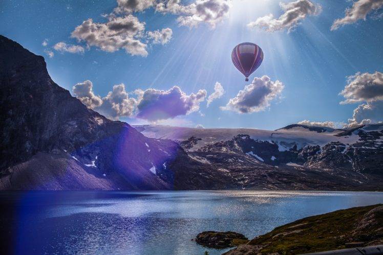hot air balloons, Sky, Mountains HD Wallpaper Desktop Background