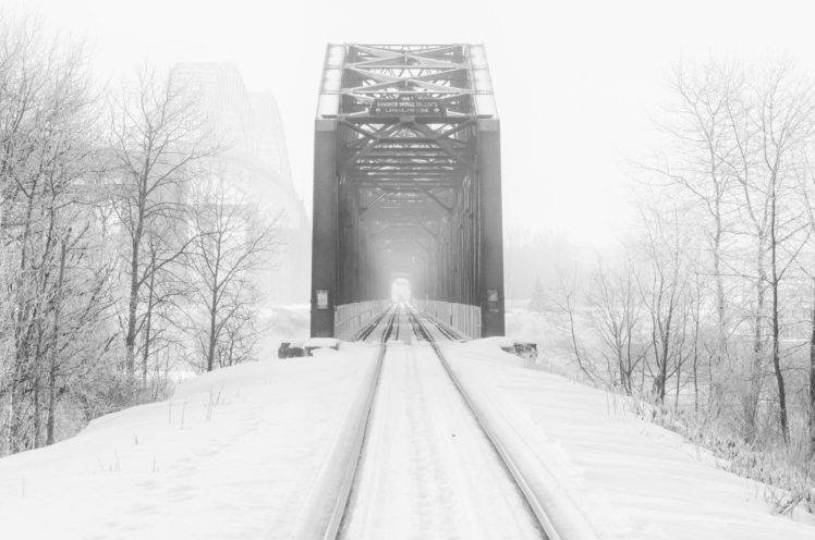 winter, Monochrome, Bridge, Trees, Snow, Landscape, Railway HD Wallpaper Desktop Background