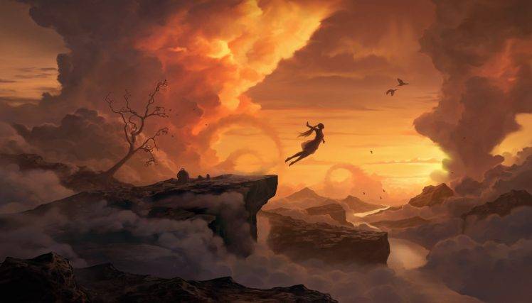 women, Jumping, Cliff, Sky, Clouds, Trees, Birds, Digital art, Flying HD Wallpaper Desktop Background