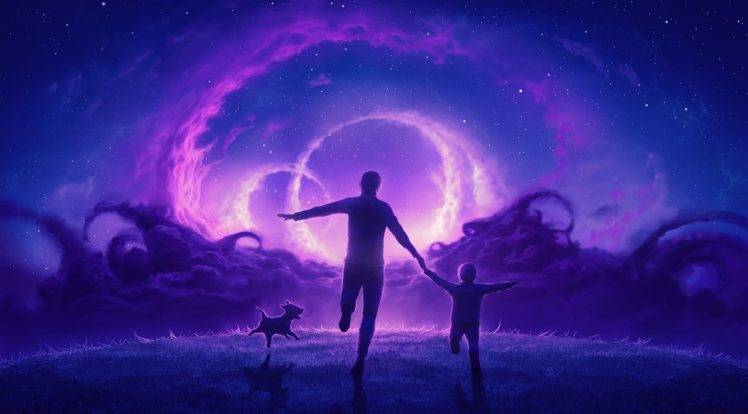 families, Sky, Heaven & Hell, Dog, Stars, Night, Lights, Grass, Purple, Digital art HD Wallpaper Desktop Background