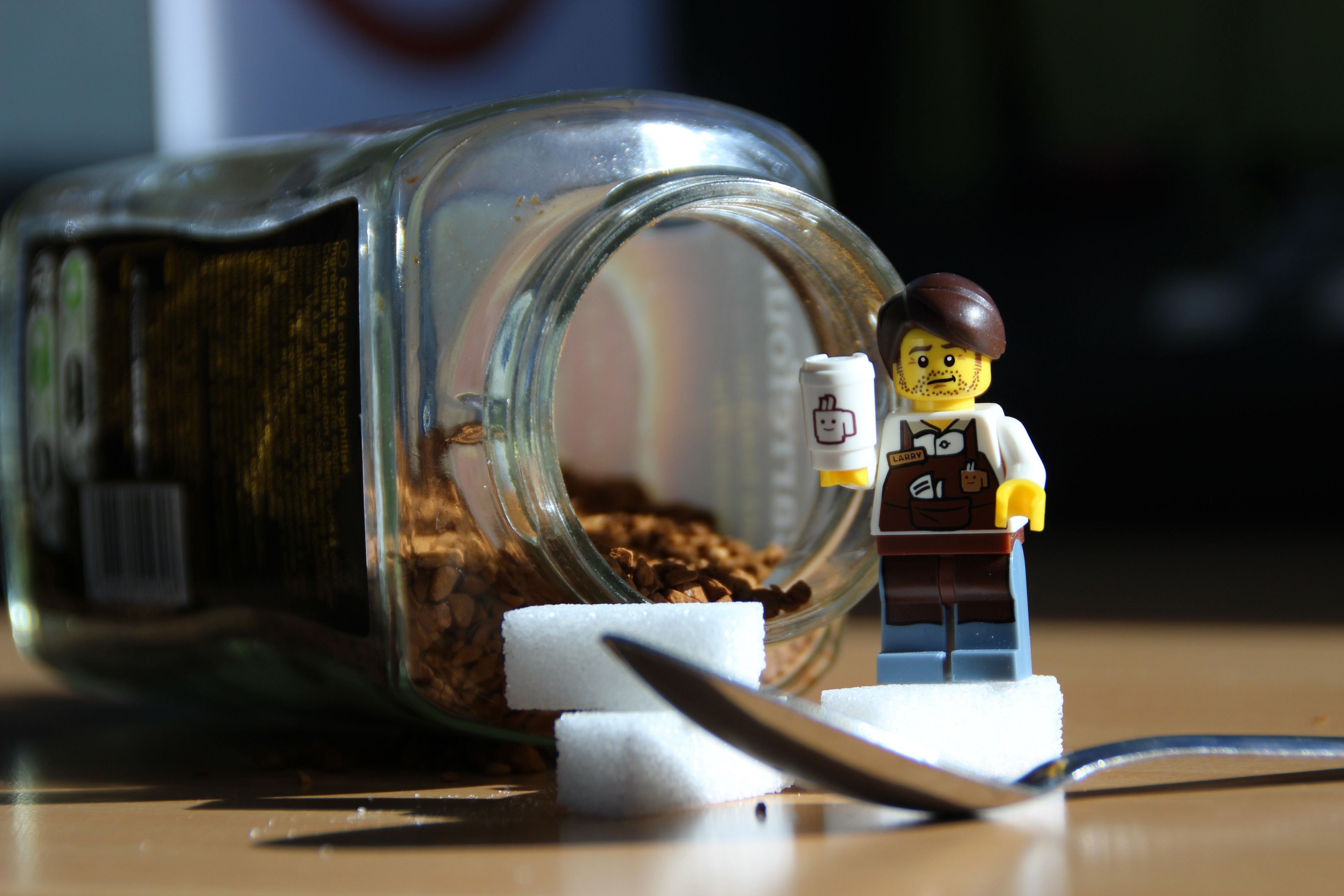 LEGO, Toys, Closeup, Miniatures, Humor, Photography, Depth of field, Sugar, Spoon, Coffee, Table, Nescafe Wallpaper