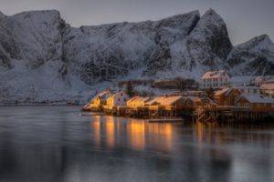 nature, Landscape, Winter, Snow, Ice, Mountains, Snowy peak, Lofoten, Norway, House, Village, Lake, Frozen lake, Sunset, Reflection, Building