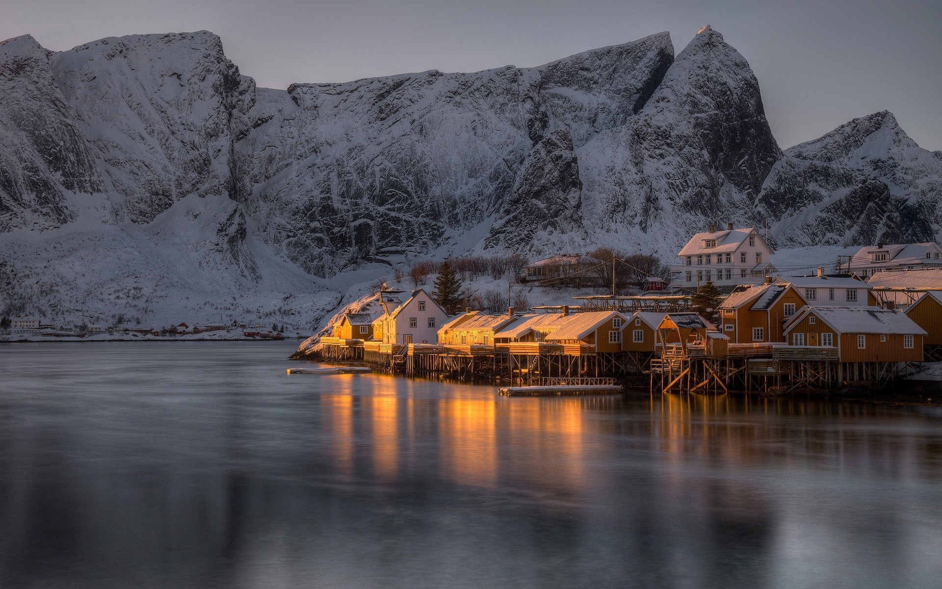 nature, Landscape, Winter, Snow, Ice, Mountains, Snowy peak, Lofoten, Norway, House, Village, Lake, Frozen lake, Sunset, Reflection, Building Wallpaper