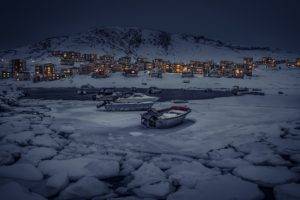 nature, Landscape, Winter, Snow, Ice, Mountains, Snowy peak, Greenland, Evening, Village, House, Boat, Lake, Building