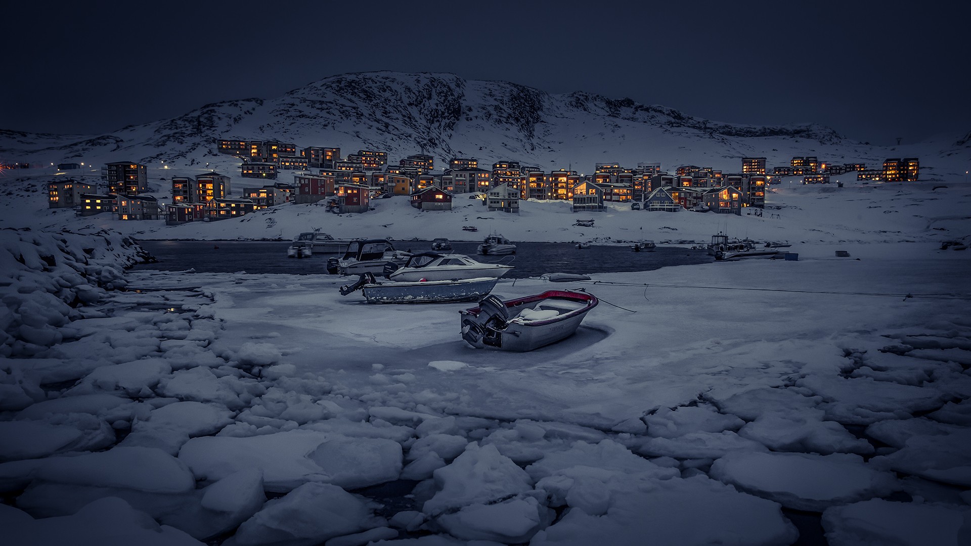 nature, Landscape, Winter, Snow, Ice, Mountains, Snowy peak, Greenland, Evening, Village, House, Boat, Lake, Building Wallpaper