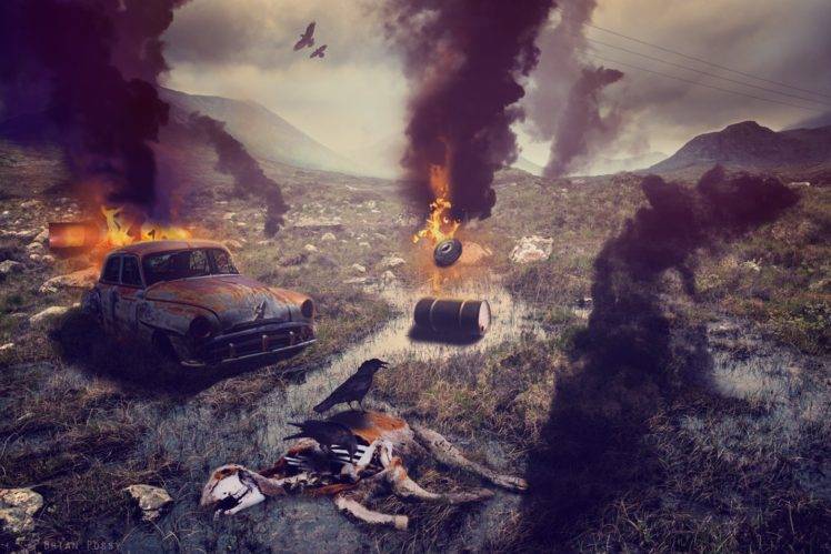 Brian Possy, Digital art, Apocalyptic, Fire, Landscape, Wreck, 500px HD Wallpaper Desktop Background