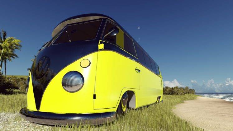 Volkswagen, Beach, VW Kombi, Yellow, Car, Render HD Wallpaper Desktop Background