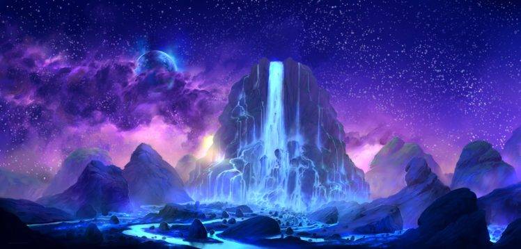 digital art, Waterfall, Fantasy art, Colorful, Space art, Sky, Planet HD Wallpaper Desktop Background