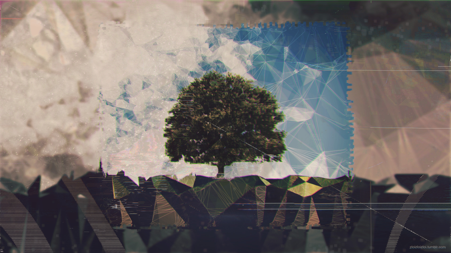 glitch art, Noise, Abstract, Landscape, Nature, Low poly, Trees
