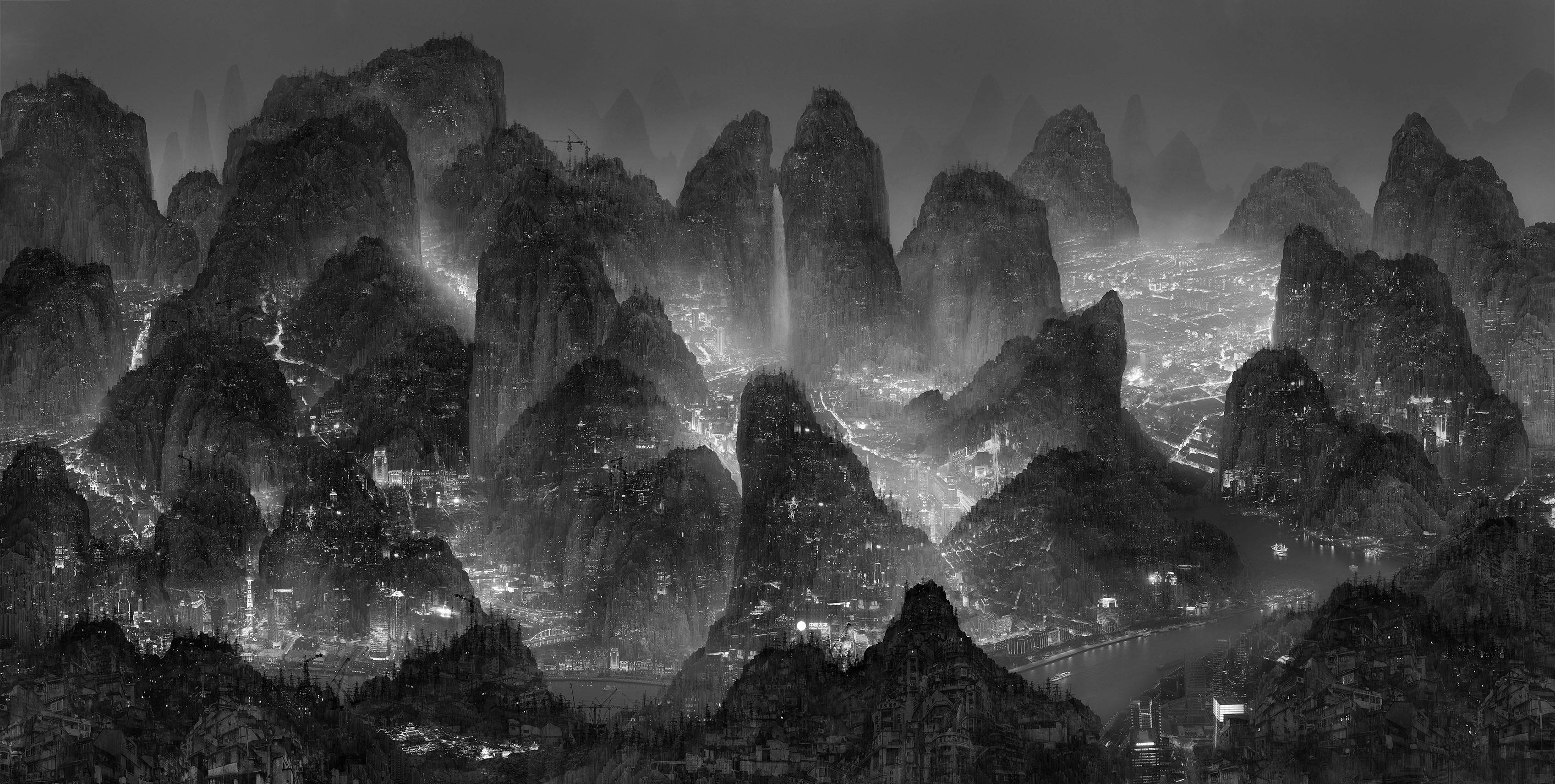 mountains, Lights, Waterfall Wallpaper