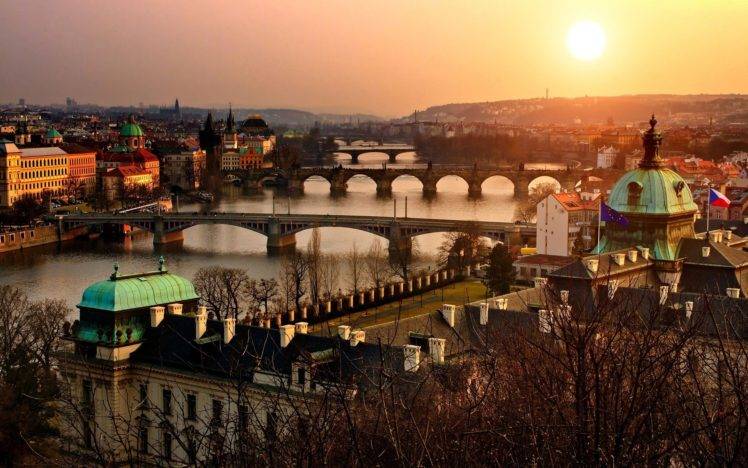 Prague, Czech Republic, City, Cityscape, River, Bridge, Building, Sunset HD Wallpaper Desktop Background