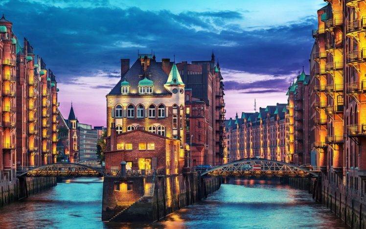 city, Building, Bridge, River, Hamburg, Germany, Night, Speicherstadt HD Wallpaper Desktop Background