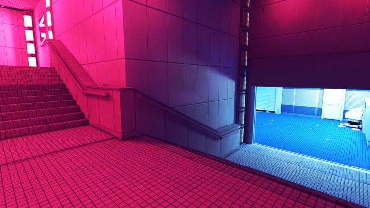 stairs, Contrast, Architecture, Blue, Red, Building, Mirrors Edge HD Wallpaper Desktop Background
