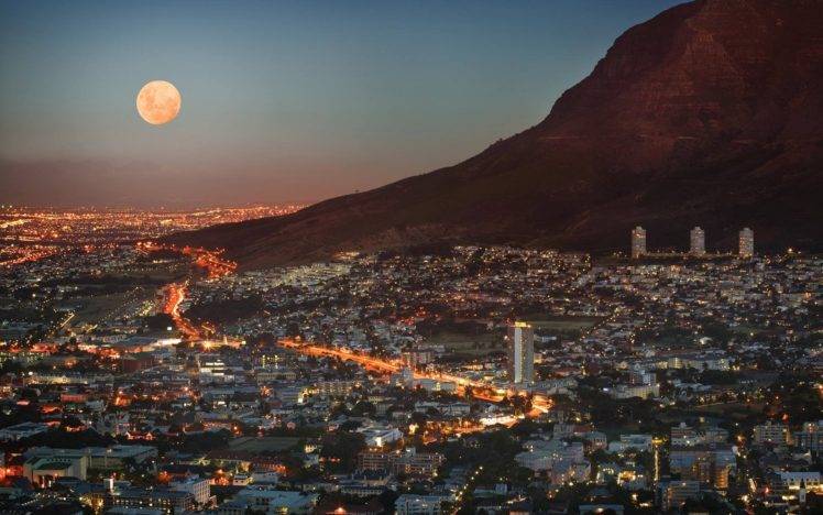 Moon, Mountains, City, Cape Town, 3 Disa Towers HD Wallpaper Desktop Background