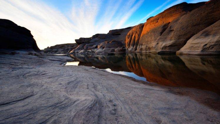 nature, Landscape, Mountains, Rock, Water, Reflection, Sunset, Sand HD Wallpaper Desktop Background