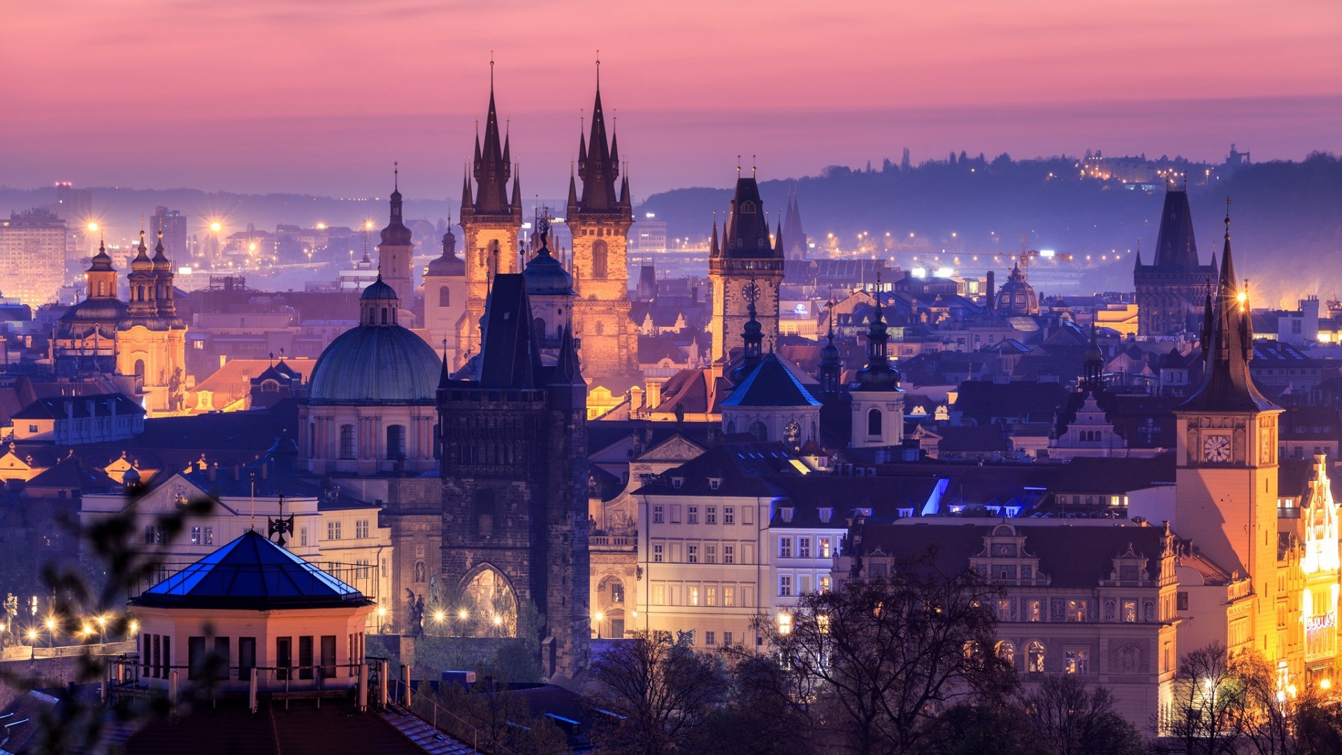 architecture, Building, Evening, Czech Republic, Prague, Cathedral, Church, Tower, Sunset, Lights, Old building, Ancient, City, Cityscape Wallpaper