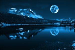 Moon, Lake, Sky, Night