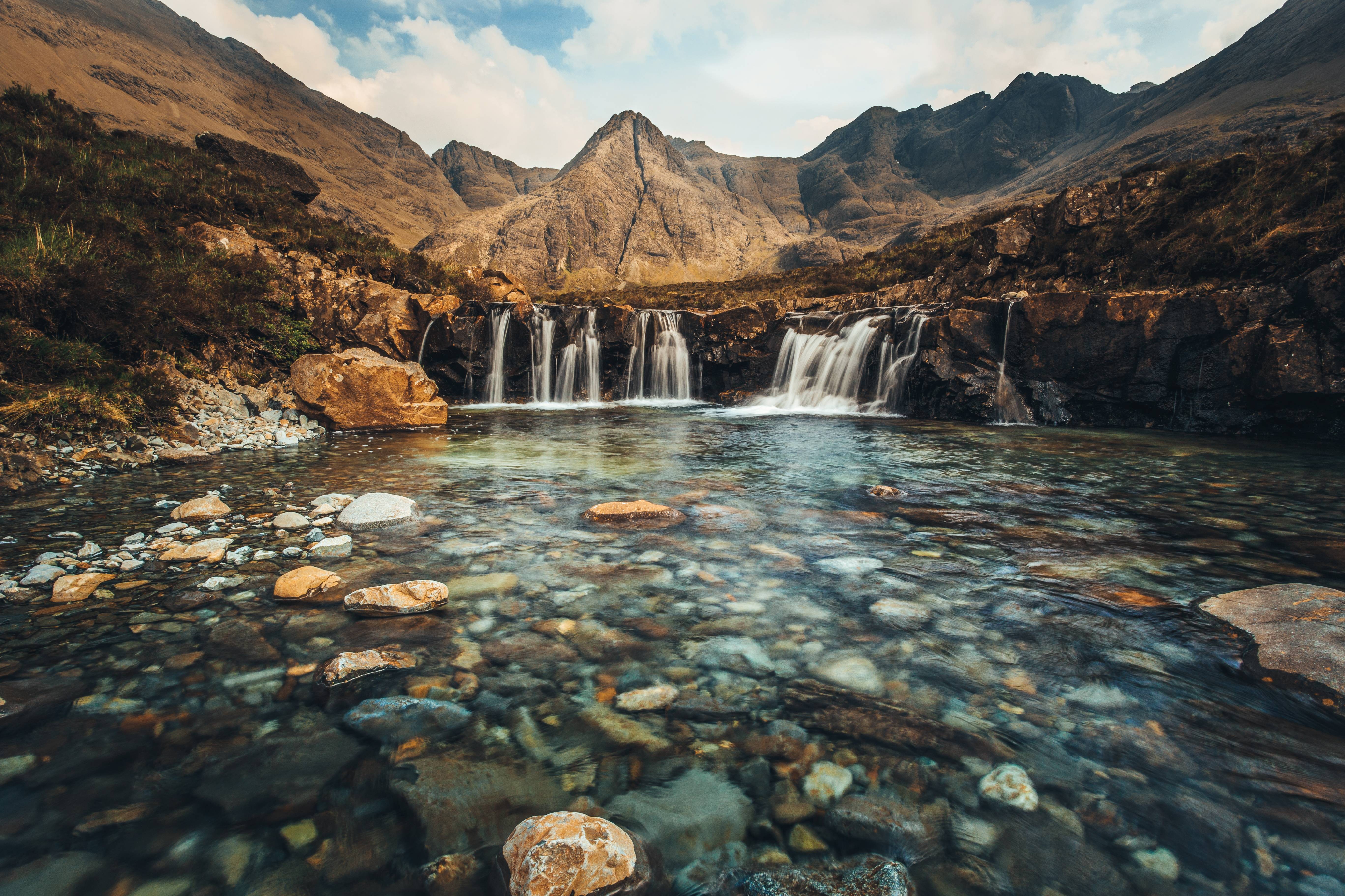The Fairy Pools, Fairy Pools, Skye, Scotland, Water, Mountains, Waterfall, Long exposure Wallpaper