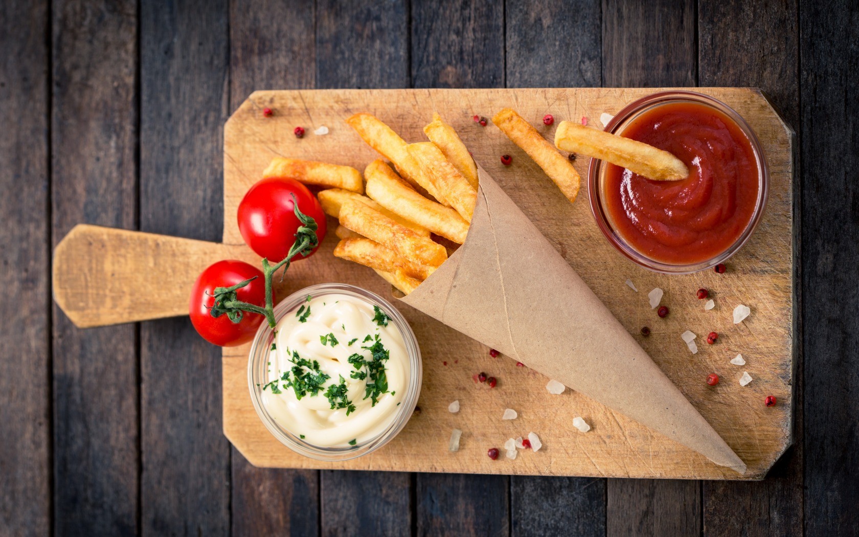 Fries, Tomatoes, Food Wallpaper