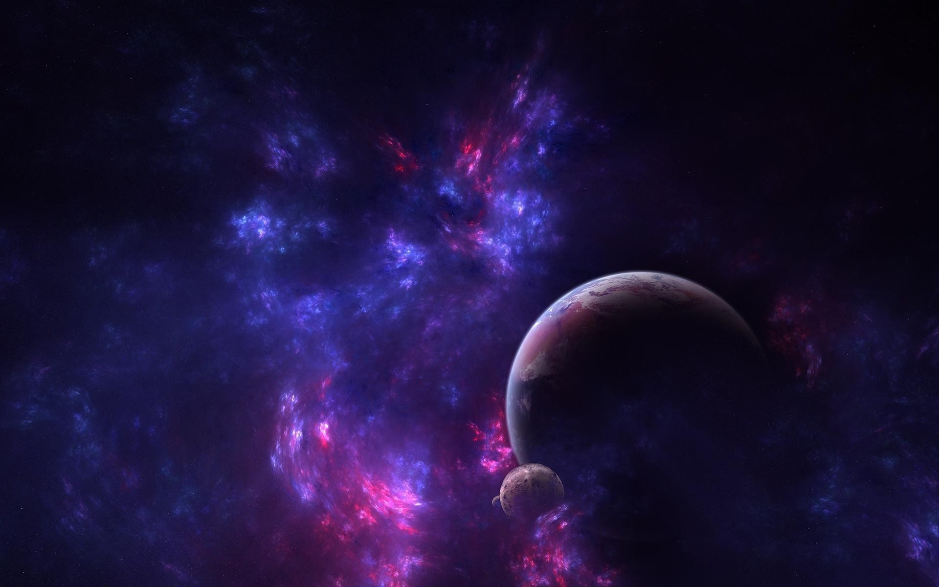 galaxy, Purple, Blue, Planet, Moon, 3D, Space Wallpaper