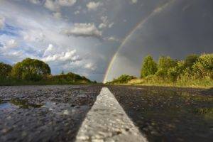 rainbows, Road, Worms eye view, Trees, Clouds, Wet, Water